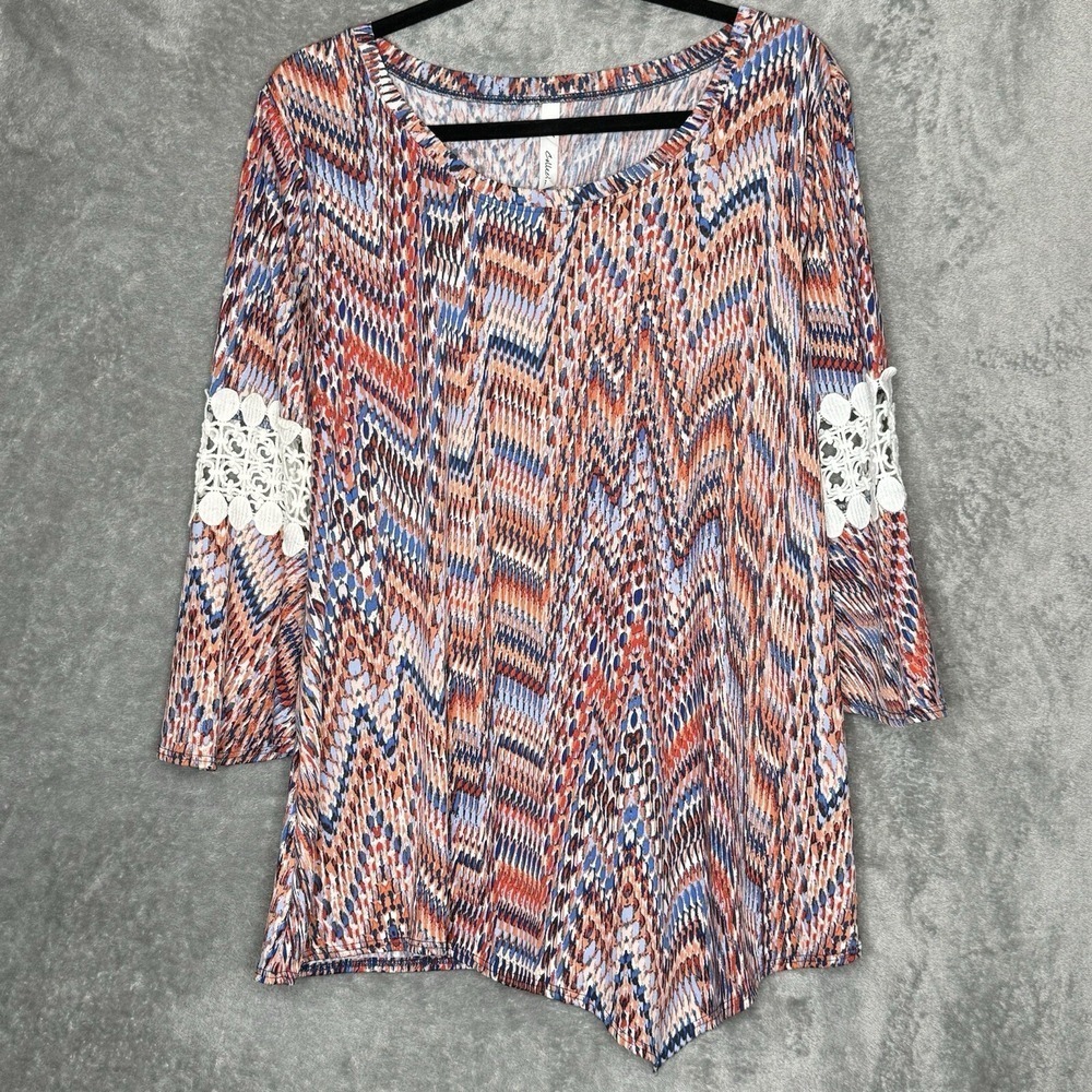 NY Collection XL Top Shirt Orange Striped Scoop Neck Bell 3/4 Sleeve Stretch